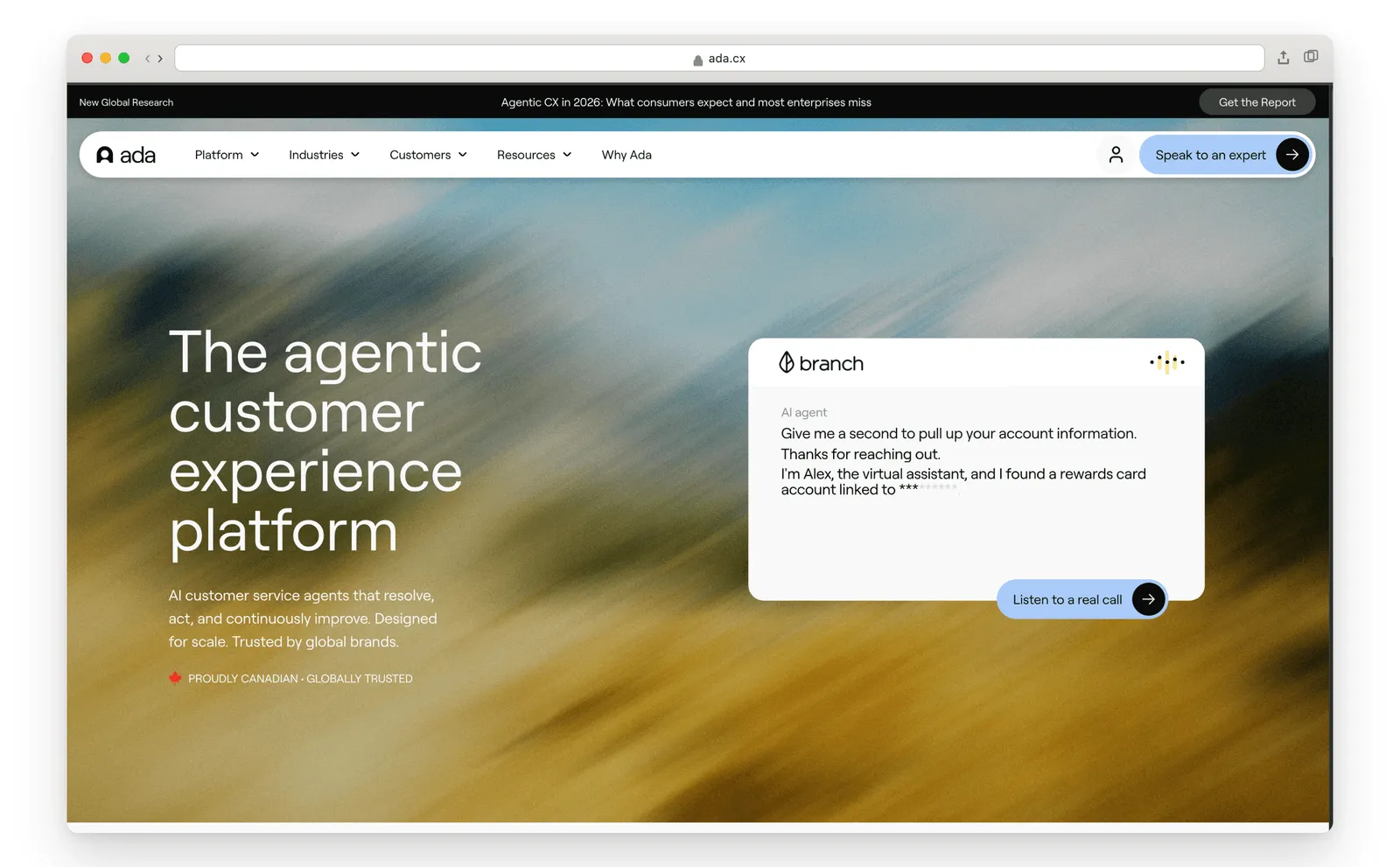Ada agentic customer experience platform homepage