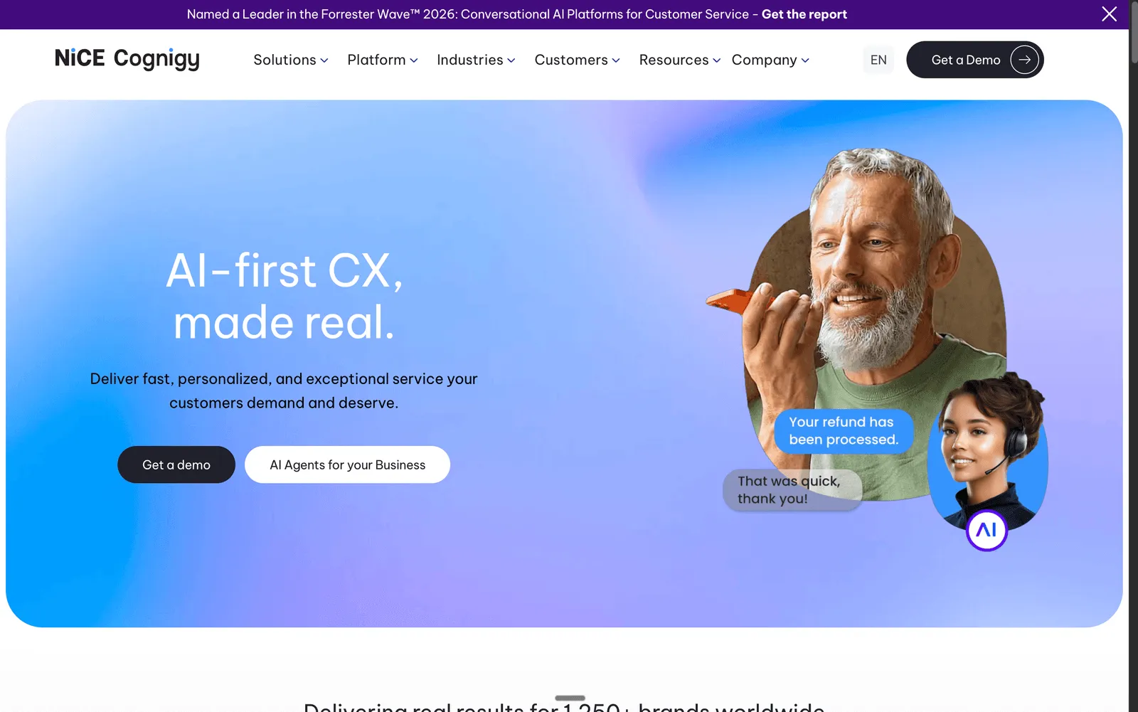 NiCE Cognigy agentic AI platform homepage