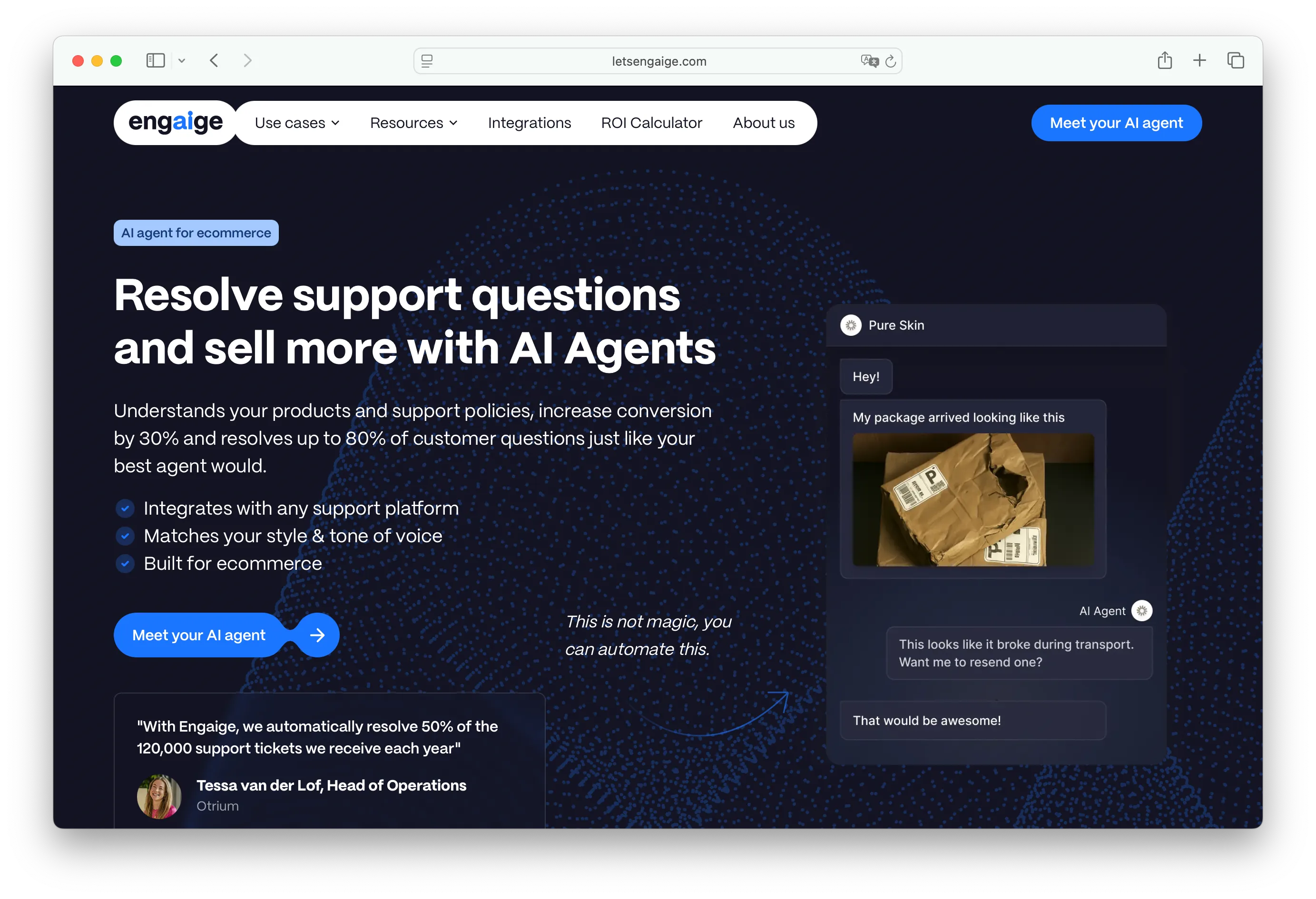 Engaige AI customer service agent dashboard for e-commerce
