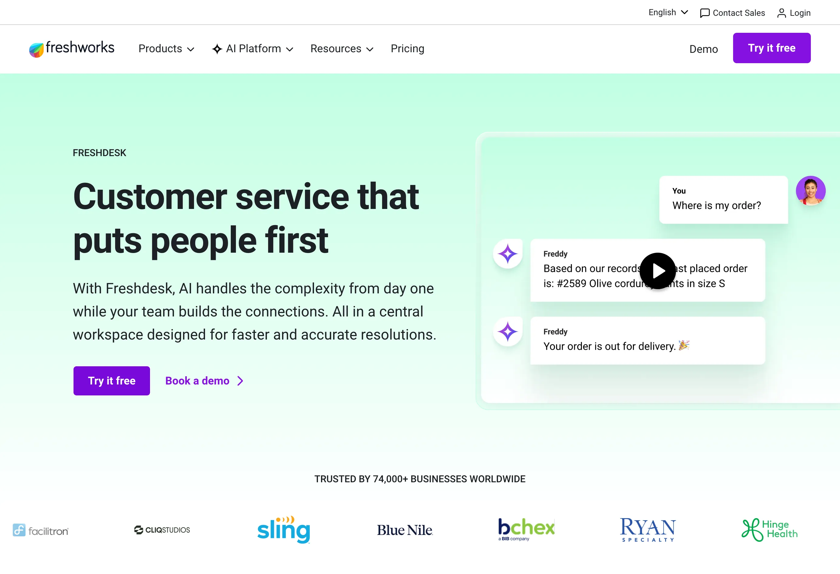Freshdesk Freddy AI helpdesk homepage