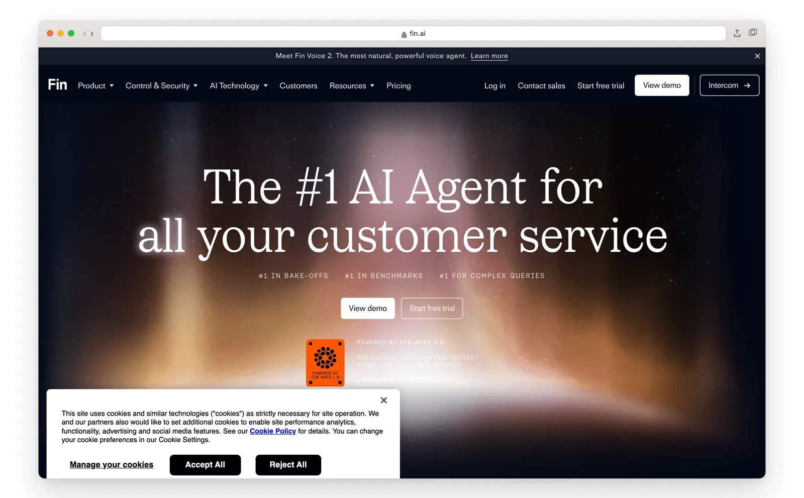 Intercom Fin AI agent homepage