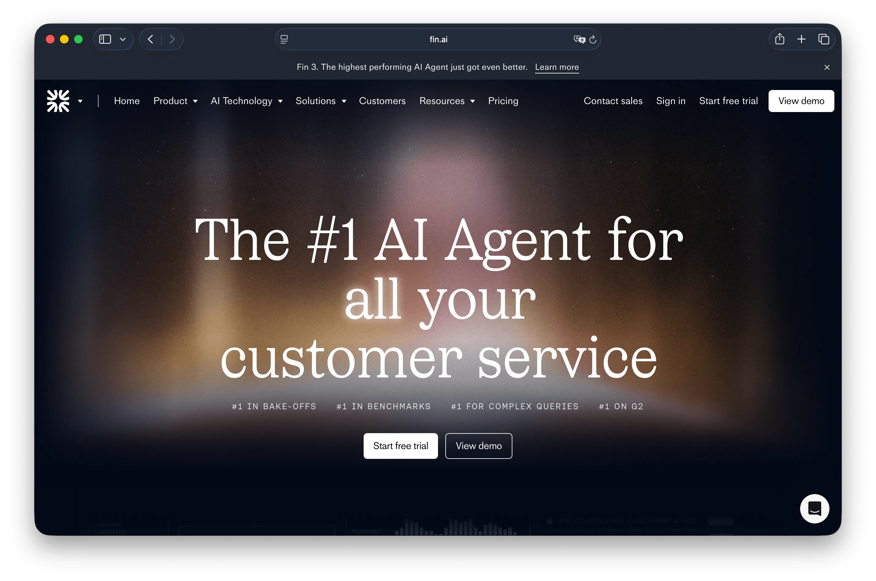 Intercom helpdesk homepage with Fin AI