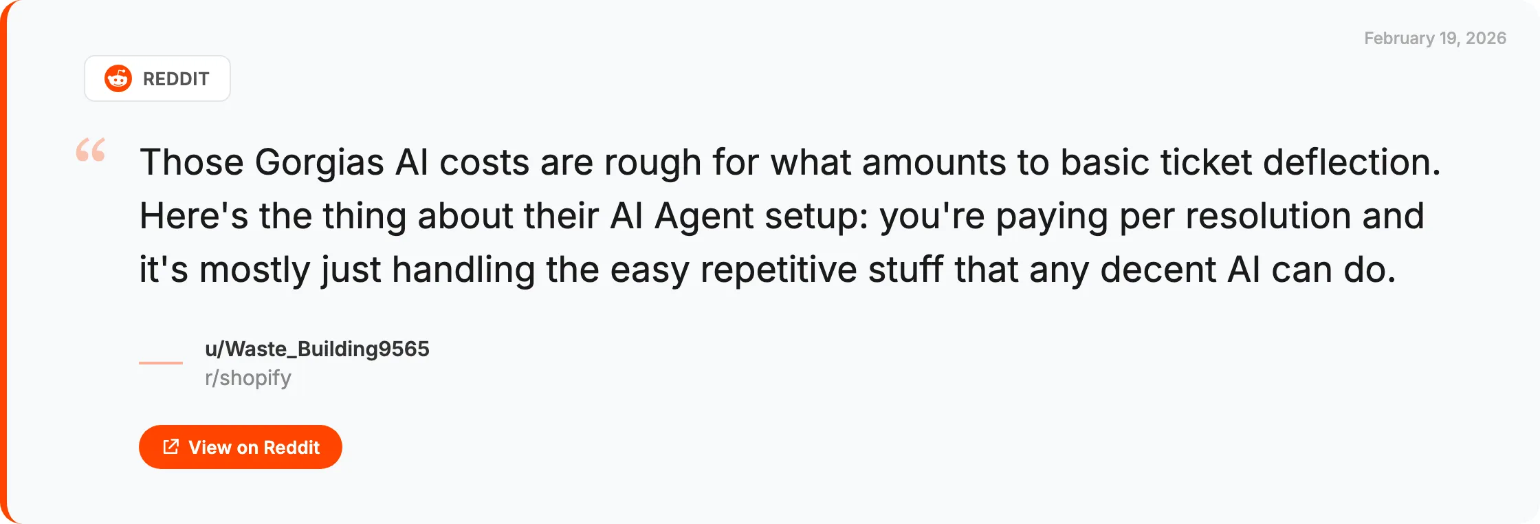 Reddit quote from r/shopify: Gorgias AI costs are rough for basic ticket deflection