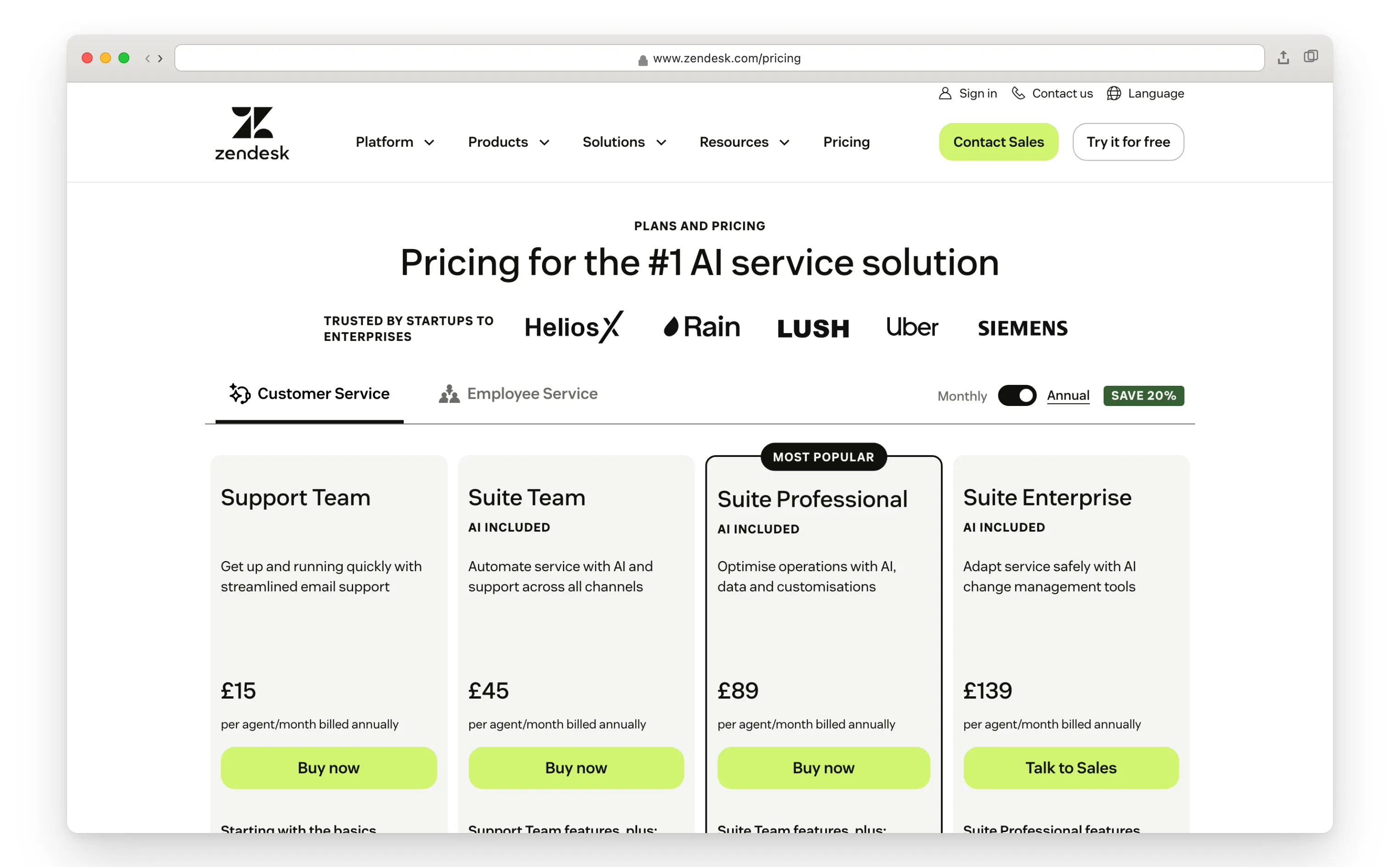 Zendesk pricing page showing Suite tiers and AI add-on